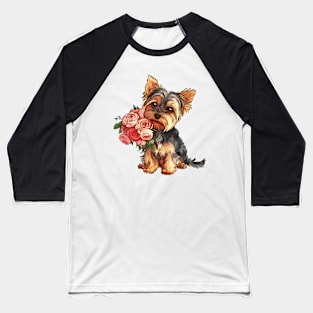 Valentine Yorkshire Terrier Dog Giving Flowers Baseball T-Shirt